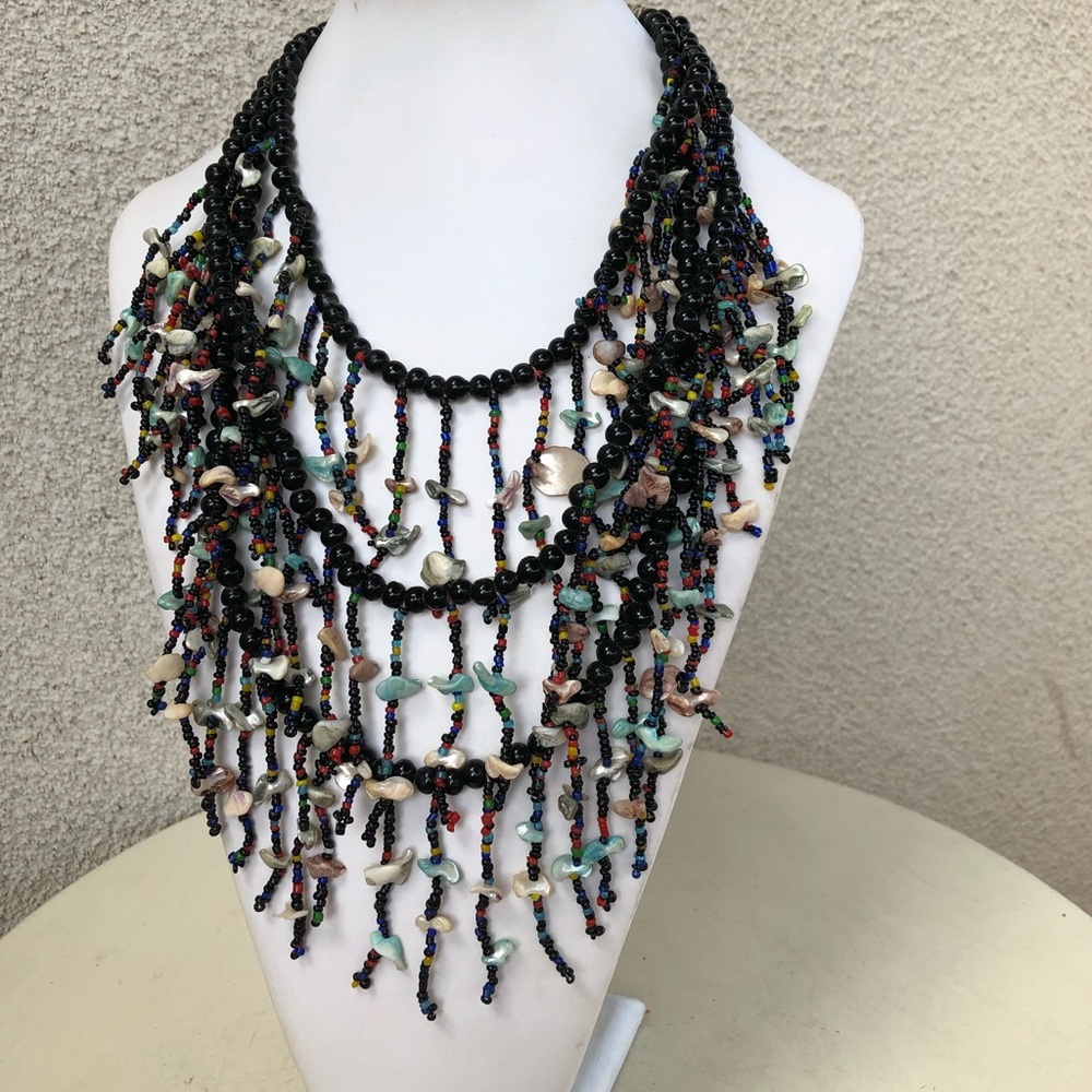Boho Dangle Multi Stands Beaded Shell Necklace - image 1